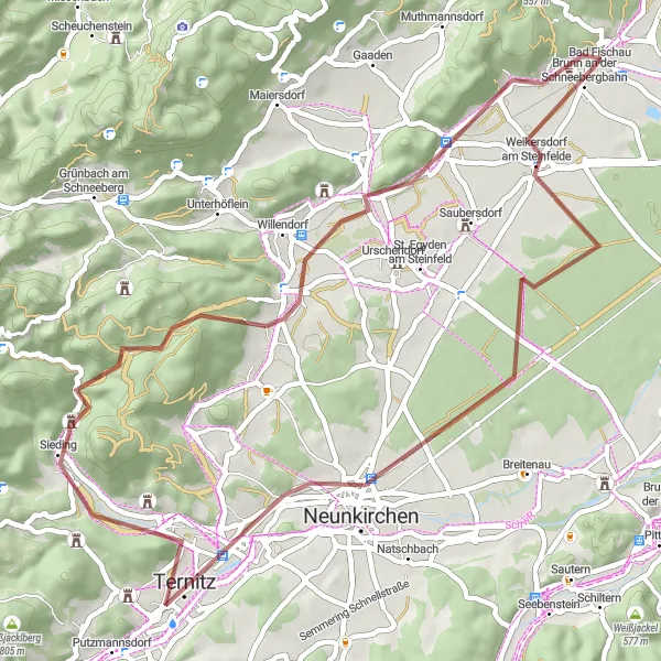 Mapa miniatúra "Gravelová trasa s historickými zastávkami" cyklistická inšpirácia v Niederösterreich, Austria. Vygenerované cyklistickým plánovačom trás Tarmacs.app