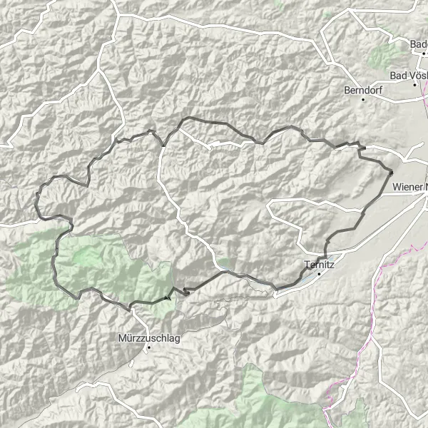 Map miniature of "Rax-Alp Road Adventure" cycling inspiration in Niederösterreich, Austria. Generated by Tarmacs.app cycling route planner