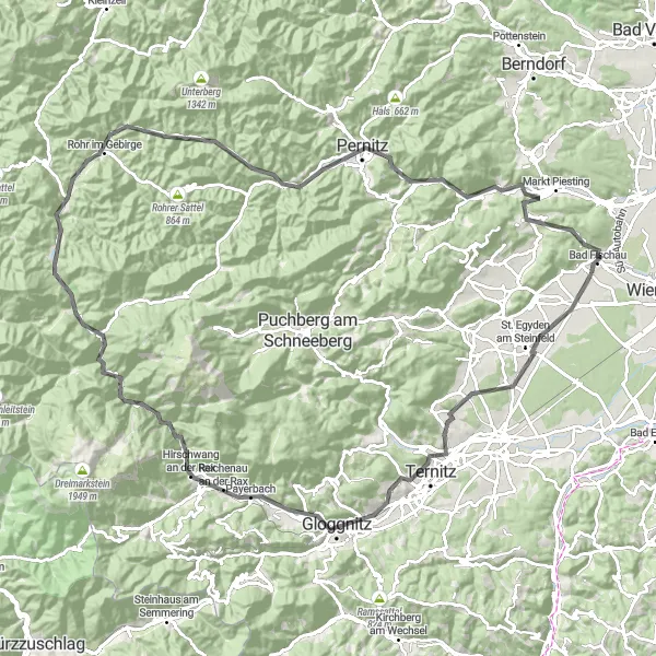 Map miniature of "Steinfeld Route: Reaching New Heights" cycling inspiration in Niederösterreich, Austria. Generated by Tarmacs.app cycling route planner