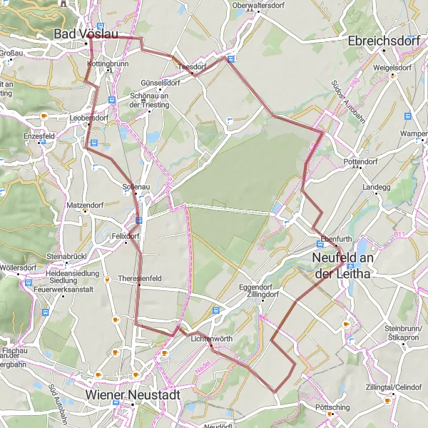 Miniatua del mapa de inspiración ciclista "Aventura de 56 km en gravilla desde Bad Vöslau" en Niederösterreich, Austria. Generado por Tarmacs.app planificador de rutas ciclistas