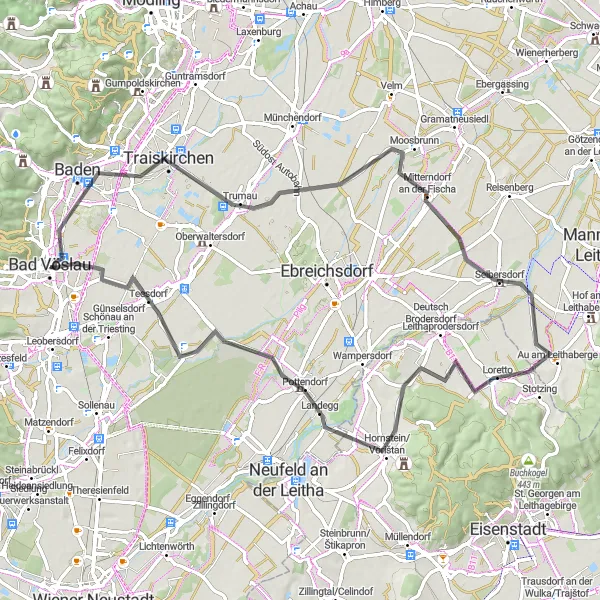 Map miniature of "The Countryside Road Cycling Tour of Bad Vöslau" cycling inspiration in Niederösterreich, Austria. Generated by Tarmacs.app cycling route planner