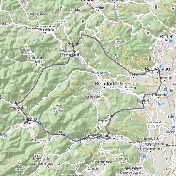 Map miniature of "Leobersdorf and the Triesting Valley" cycling inspiration in Niederösterreich, Austria. Generated by Tarmacs.app cycling route planner