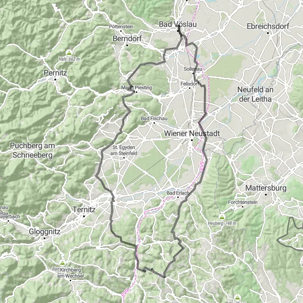 Kartminiatyr av "Landevei rundtur til Würflach" sykkelinspirasjon i Niederösterreich, Austria. Generert av Tarmacs.app sykkelrutoplanlegger