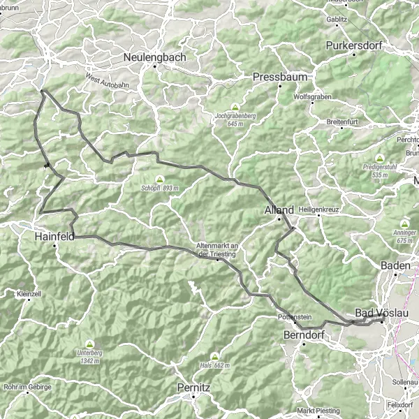 Mapa miniatúra "Jazda okolo obce Bad Vöslau" cyklistická inšpirácia v Niederösterreich, Austria. Vygenerované cyklistickým plánovačom trás Tarmacs.app