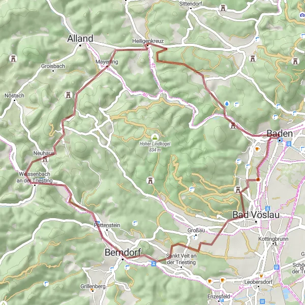 Miniatura della mappa di ispirazione al ciclismo "Giro in Gravel intorno a Baden" nella regione di Niederösterreich, Austria. Generata da Tarmacs.app, pianificatore di rotte ciclistiche