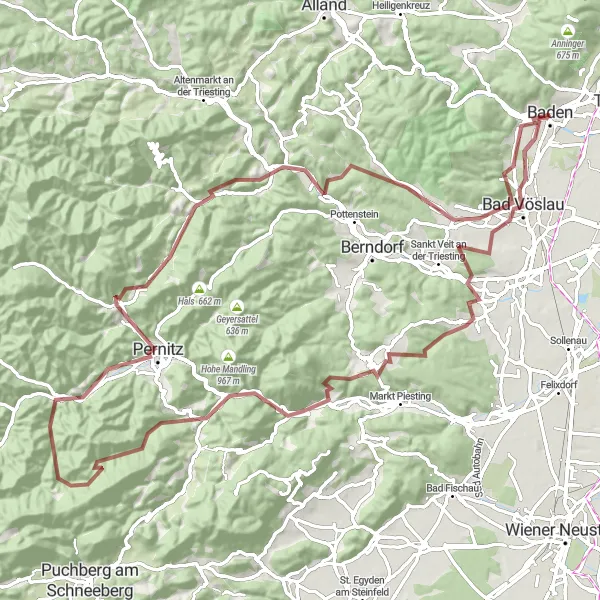 Zemljevid v pomanjšavi "Pustolovščina med griči in dolinami" kolesarske inspiracije v Niederösterreich, Austria. Generirano z načrtovalcem kolesarskih poti Tarmacs.app