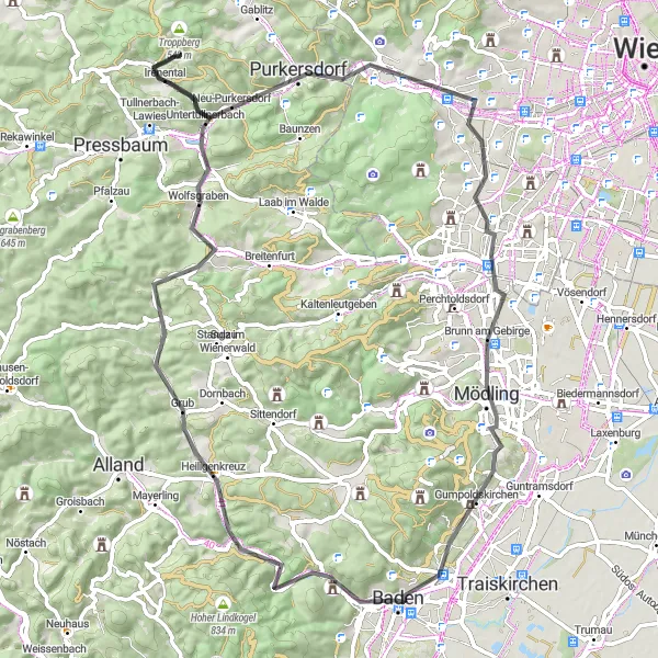 Miniaturní mapa "Cyklistická cesta po silnici v okolí Badenu" inspirace pro cyklisty v oblasti Niederösterreich, Austria. Vytvořeno pomocí plánovače tras Tarmacs.app