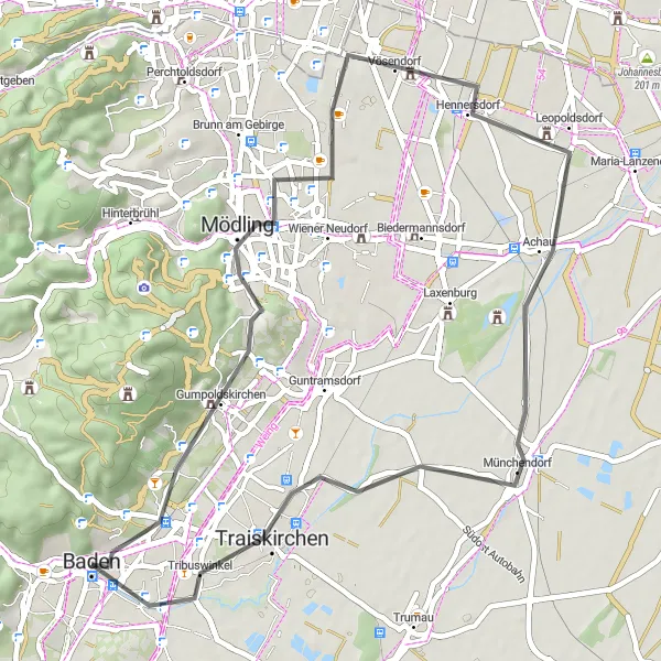 Miniaturní mapa "Silniční trasa kolem Badenu" inspirace pro cyklisty v oblasti Niederösterreich, Austria. Vytvořeno pomocí plánovače tras Tarmacs.app