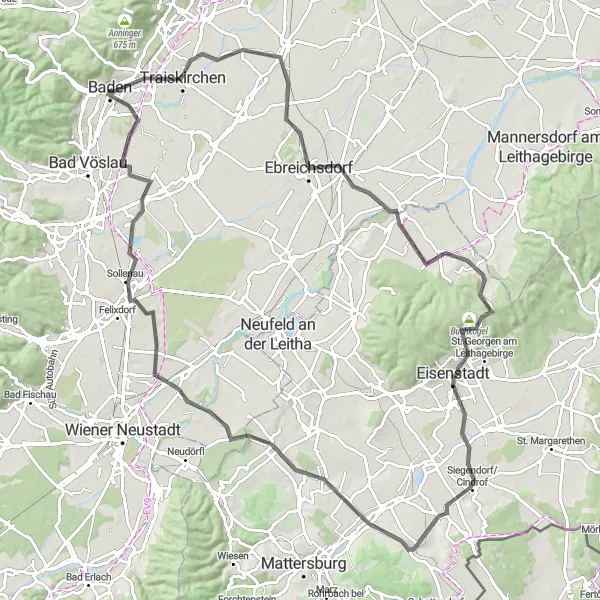 Miniatura della mappa di ispirazione al ciclismo "Percorso su strada con vista mozzafiato su Eisenstadt e Sollenau" nella regione di Niederösterreich, Austria. Generata da Tarmacs.app, pianificatore di rotte ciclistiche
