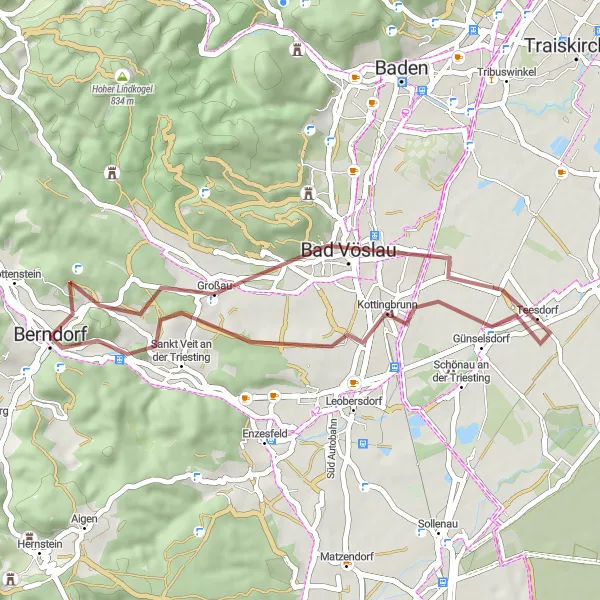 Zemljevid v pomanjšavi "Vožnja čez Kobilji hrib" kolesarske inspiracije v Niederösterreich, Austria. Generirano z načrtovalcem kolesarskih poti Tarmacs.app