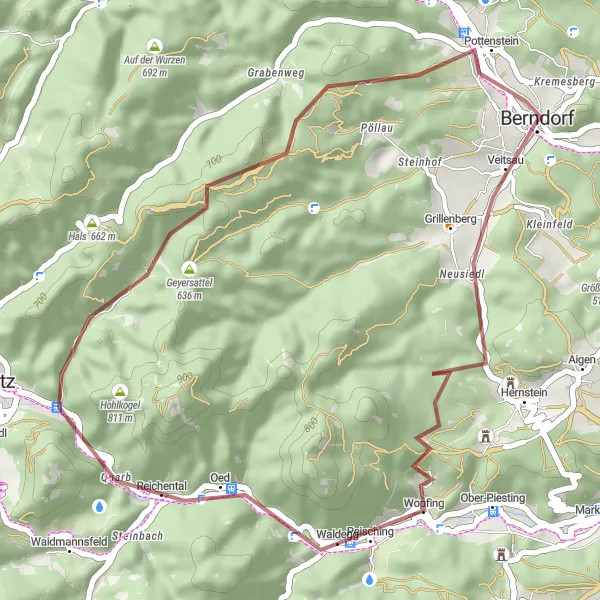 Miniatua del mapa de inspiración ciclista "Recorrido de Pottenstein a Guglzipf" en Niederösterreich, Austria. Generado por Tarmacs.app planificador de rutas ciclistas