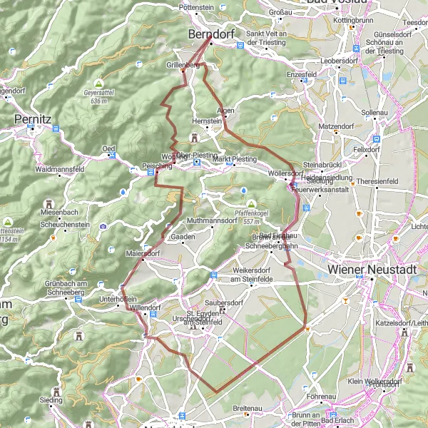 Miniatura della mappa di ispirazione al ciclismo "La Rotta delle Colline e dei Villaggi" nella regione di Niederösterreich, Austria. Generata da Tarmacs.app, pianificatore di rotte ciclistiche