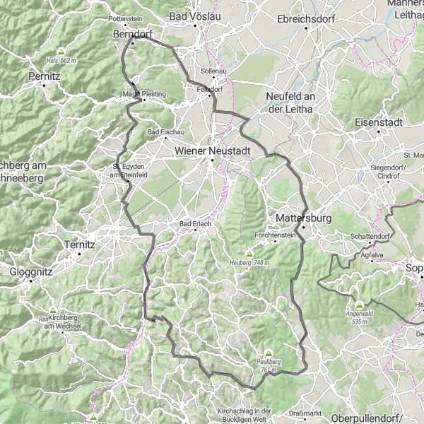 Miniatura della mappa di ispirazione al ciclismo "Alla scoperta dei paesaggi di Niederösterreich" nella regione di Niederösterreich, Austria. Generata da Tarmacs.app, pianificatore di rotte ciclistiche