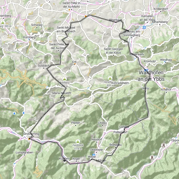 Miniatura mapy "Trasa Biberbach - Galgenbühel - Waidhofen an der Ybbs - Gaflenz - Kreuzberg - Schafkogel - Großraming - Maria Neustift - Rastberg - Seitenstetten - Burnerhöhe - Biberbach" - trasy rowerowej w Niederösterreich, Austria. Wygenerowane przez planer tras rowerowych Tarmacs.app