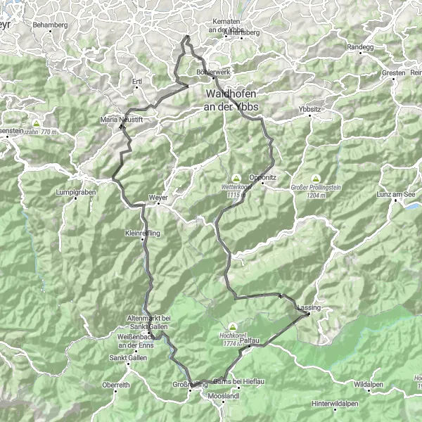 Miniatua del mapa de inspiración ciclista "Ruta de Montañas y Valles" en Niederösterreich, Austria. Generado por Tarmacs.app planificador de rutas ciclistas