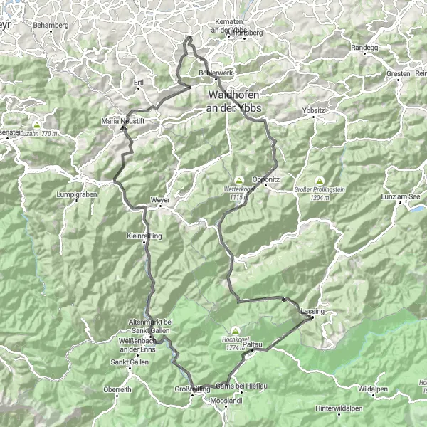 Karttaminiaatyyri "Ympyräpyöräilyreitti Biberbachin lähellä, Road" pyöräilyinspiraatiosta alueella Niederösterreich, Austria. Luotu Tarmacs.app pyöräilyreittisuunnittelijalla