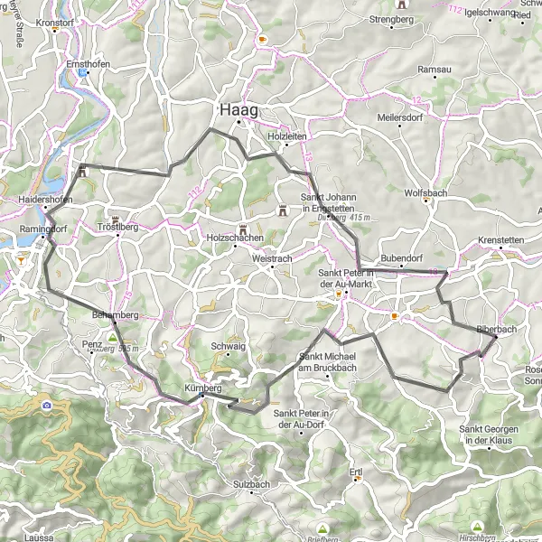 Karttaminiaatyyri "Ympyräpyöräilyreitti Biberbachin lähellä, Road" pyöräilyinspiraatiosta alueella Niederösterreich, Austria. Luotu Tarmacs.app pyöräilyreittisuunnittelijalla