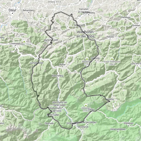Zemljevid v pomanjšavi "Naporen kolesarski izziv od Waidhofen an der Ybbs do Großraming Ennsbrücke" kolesarske inspiracije v Niederösterreich, Austria. Generirano z načrtovalcem kolesarskih poti Tarmacs.app