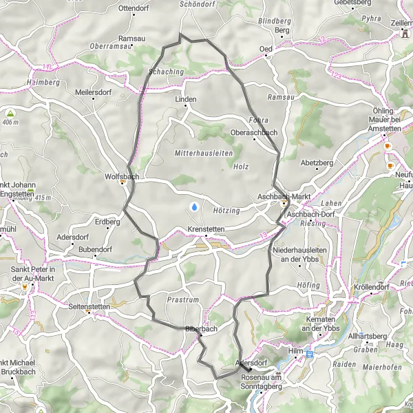 Miniatura della mappa di ispirazione al ciclismo "Percorso ciclabile panoramico da Biberbach" nella regione di Niederösterreich, Austria. Generata da Tarmacs.app, pianificatore di rotte ciclistiche