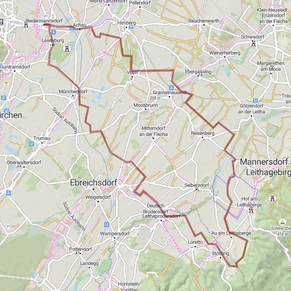 Kartminiatyr av "Biedermannsdorf - Achau Grusvei Rundtur" sykkelinspirasjon i Niederösterreich, Austria. Generert av Tarmacs.app sykkelrutoplanlegger