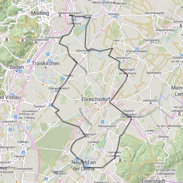 Map miniature of "Leitha Road Tour" cycling inspiration in Niederösterreich, Austria. Generated by Tarmacs.app cycling route planner