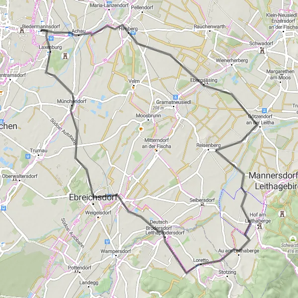 Kartminiatyr av "Achau til Biedermannsdorf Road Cycling Route" sykkelinspirasjon i Niederösterreich, Austria. Generert av Tarmacs.app sykkelrutoplanlegger