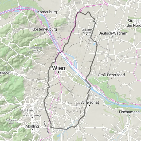 Mapa miniatúra "Cesta okolo Achau a Aspern" cyklistická inšpirácia v Niederösterreich, Austria. Vygenerované cyklistickým plánovačom trás Tarmacs.app