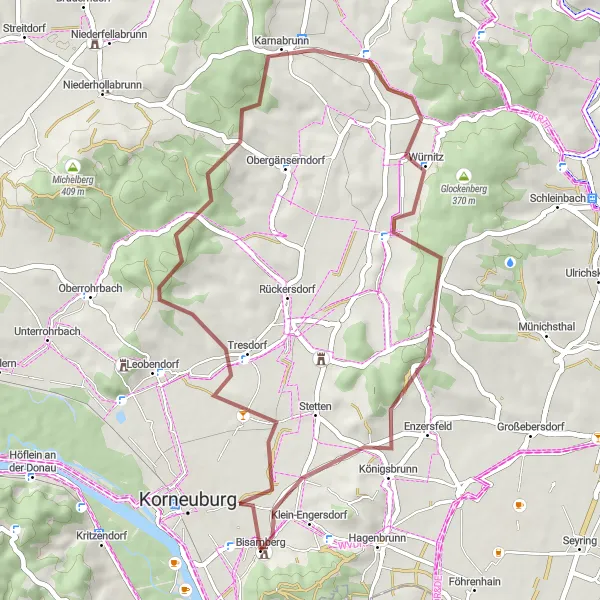 Mapa miniatúra "Zajímavý gravelový okruh" cyklistická inšpirácia v Niederösterreich, Austria. Vygenerované cyklistickým plánovačom trás Tarmacs.app