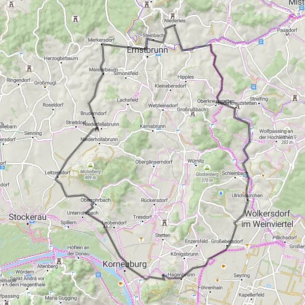 Miniature de la carte de l'inspiration cycliste "Parcours scénique avec des montées près de Bisamberg" dans la Niederösterreich, Austria. Générée par le planificateur d'itinéraire cycliste Tarmacs.app