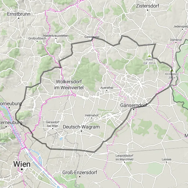 Miniatua del mapa de inspiración ciclista "Ruta Campestre Gänserndorf" en Niederösterreich, Austria. Generado por Tarmacs.app planificador de rutas ciclistas