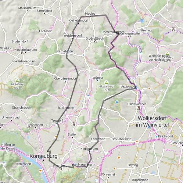 Miniatura della mappa di ispirazione al ciclismo "Tour in bicicletta di 57 km attraverso Bisamberg" nella regione di Niederösterreich, Austria. Generata da Tarmacs.app, pianificatore di rotte ciclistiche