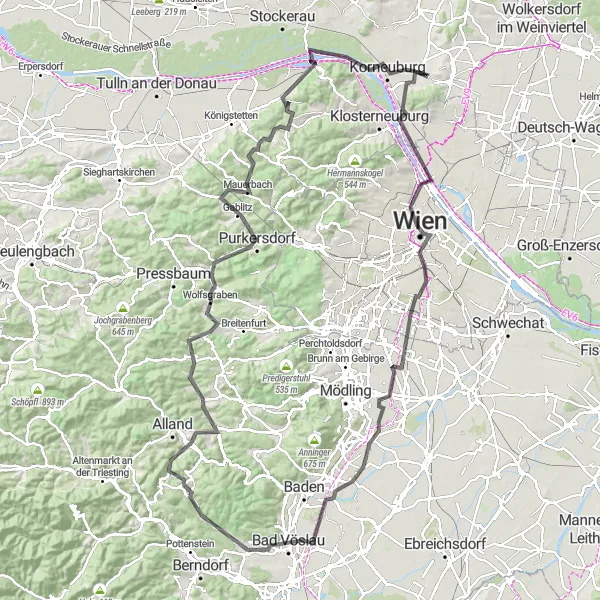 Kartminiatyr av "Bisamberg til Klein-Engersdorf" sykkelinspirasjon i Niederösterreich, Austria. Generert av Tarmacs.app sykkelrutoplanlegger