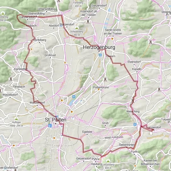 Miniatura della mappa di ispirazione al ciclismo "Sfida Gravel tra i Vigneti di Niederösterreich" nella regione di Niederösterreich, Austria. Generata da Tarmacs.app, pianificatore di rotte ciclistiche