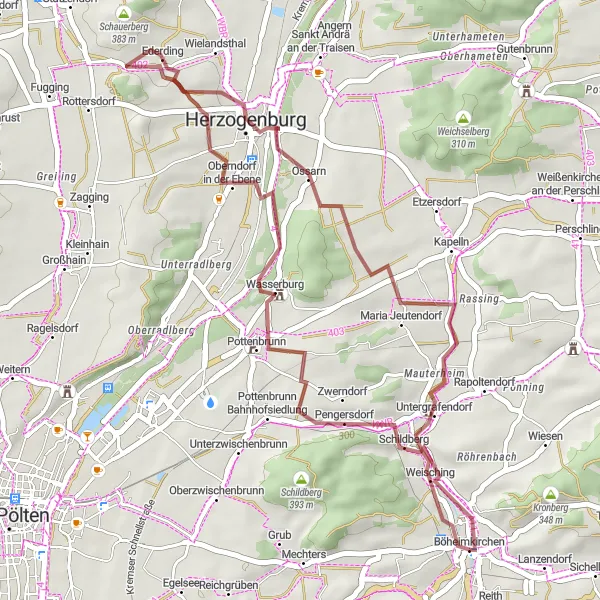 Miniatura della mappa di ispirazione al ciclismo "Escursione naturale tra vigneti e castelli" nella regione di Niederösterreich, Austria. Generata da Tarmacs.app, pianificatore di rotte ciclistiche