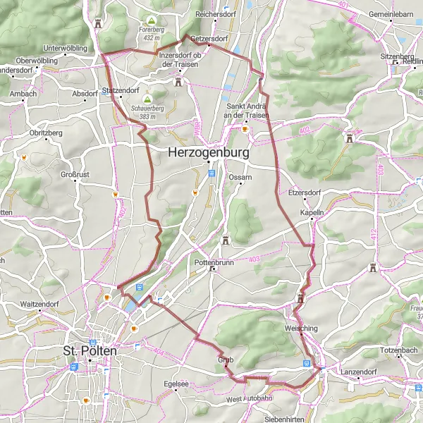 Miniatura della mappa di ispirazione al ciclismo "Avventura Gravel tra i Boschi di Niederösterreich" nella regione di Niederösterreich, Austria. Generata da Tarmacs.app, pianificatore di rotte ciclistiche