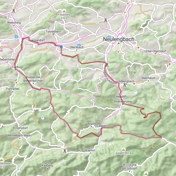 Miniatura della mappa di ispirazione al ciclismo "Avventura tra i castelli medievali" nella regione di Niederösterreich, Austria. Generata da Tarmacs.app, pianificatore di rotte ciclistiche