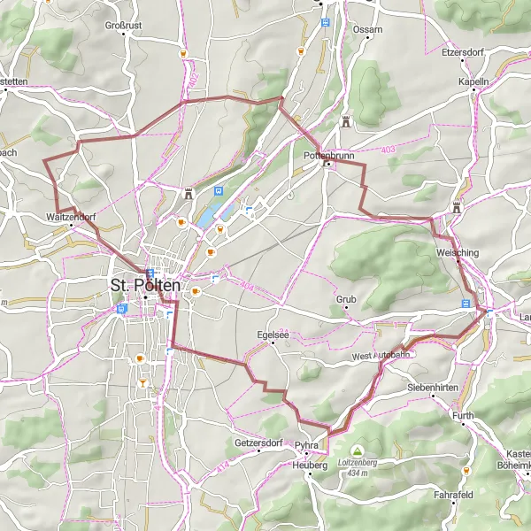 Miniatura della mappa di ispirazione al ciclismo "Esplorazione tra vigneti e boschi" nella regione di Niederösterreich, Austria. Generata da Tarmacs.app, pianificatore di rotte ciclistiche