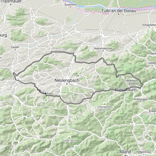Miniaturní mapa "Cyklotrasa kolem Asperhofenu a Pressbaumu" inspirace pro cyklisty v oblasti Niederösterreich, Austria. Vytvořeno pomocí plánovače tras Tarmacs.app