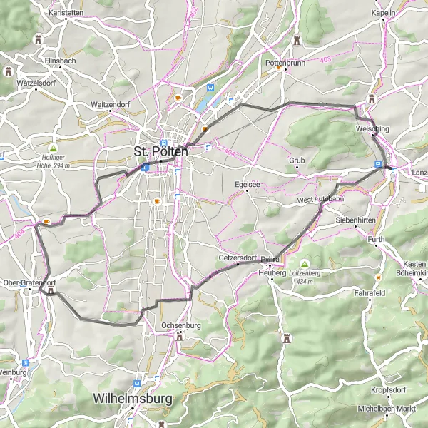 Map miniature of "Harland Loop via Klangturm" cycling inspiration in Niederösterreich, Austria. Generated by Tarmacs.app cycling route planner