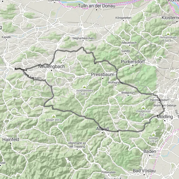 Map miniature of "Neulengbach Circuit via Klausen-Leopoldsdorf" cycling inspiration in Niederösterreich, Austria. Generated by Tarmacs.app cycling route planner