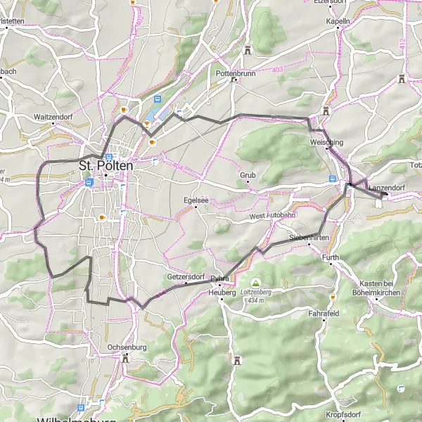 Miniaturní mapa "Okružní cyklistická trasa kolem Böheimkirchenu" inspirace pro cyklisty v oblasti Niederösterreich, Austria. Vytvořeno pomocí plánovače tras Tarmacs.app
