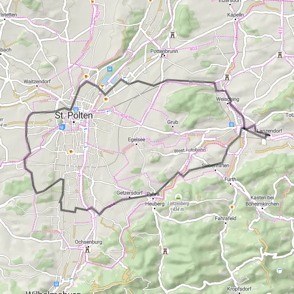 Miniatura della mappa di ispirazione al ciclismo "Esplorazione Culturale delle Rive del Danubio" nella regione di Niederösterreich, Austria. Generata da Tarmacs.app, pianificatore di rotte ciclistiche