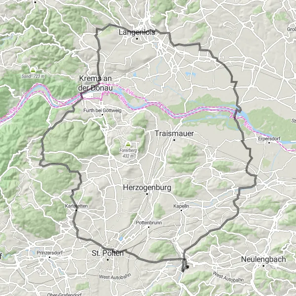 Map miniature of "The Majestic Danube Ride" cycling inspiration in Niederösterreich, Austria. Generated by Tarmacs.app cycling route planner