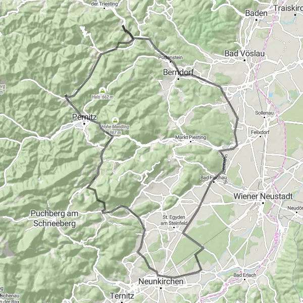 Miniaturekort af cykelinspirationen "Neunkirchen til Berndorf Roadtur" i Niederösterreich, Austria. Genereret af Tarmacs.app cykelruteplanlægger