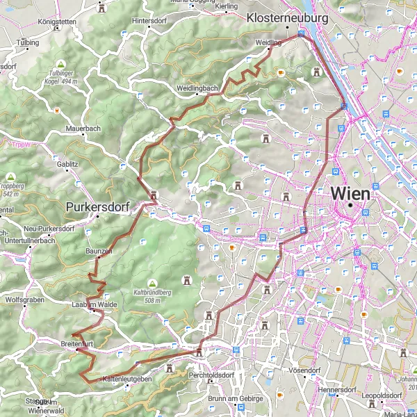 Miniatura della mappa di ispirazione al ciclismo "Tour in bicicletta gravel nelle vicinanze di Breitenfurt" nella regione di Niederösterreich, Austria. Generata da Tarmacs.app, pianificatore di rotte ciclistiche