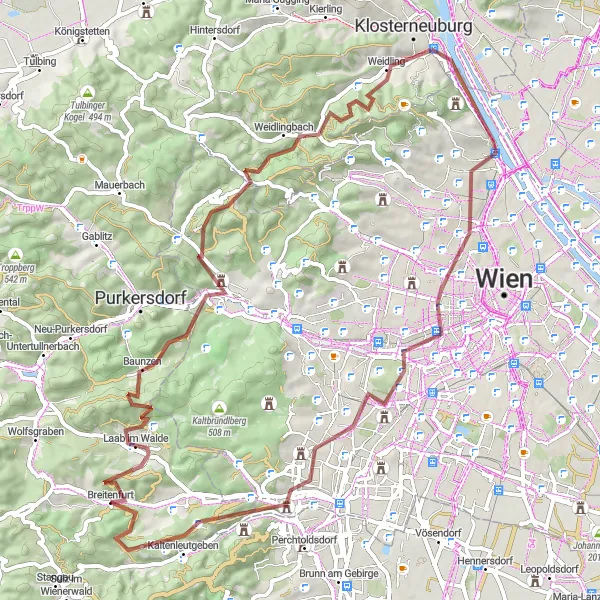 Kartminiatyr av "Historiske Landemerker Grusvei Tur" sykkelinspirasjon i Niederösterreich, Austria. Generert av Tarmacs.app sykkelrutoplanlegger