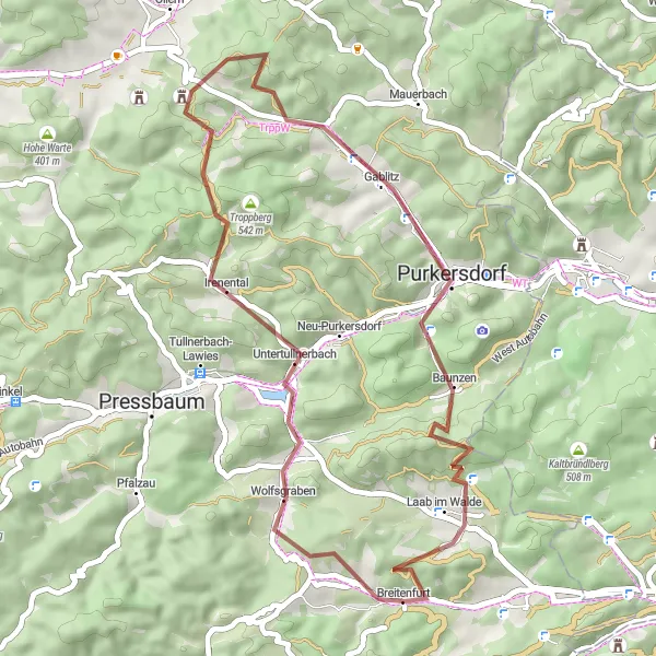 Miniatuurkaart van de fietsinspiratie "Korte gravelroute door het schilderachtige landschap" in Niederösterreich, Austria. Gemaakt door de Tarmacs.app fietsrouteplanner