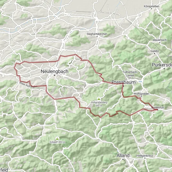 Kartminiatyr av "Grusvei utforsking fra Breitenfurt" sykkelinspirasjon i Niederösterreich, Austria. Generert av Tarmacs.app sykkelrutoplanlegger