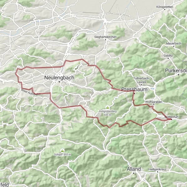 Kartminiatyr av "Grusvägsrunda från Breitenfurt" cykelinspiration i Niederösterreich, Austria. Genererad av Tarmacs.app cykelruttplanerare