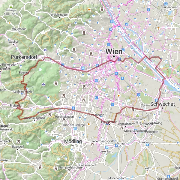 Map miniature of "The Forest and City Ride" cycling inspiration in Niederösterreich, Austria. Generated by Tarmacs.app cycling route planner